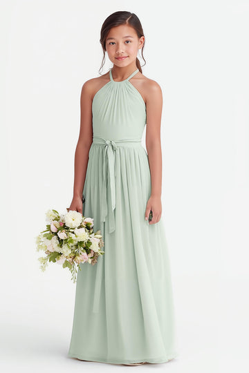 Robe de demoiselle d’honneur junior en mousseline de soie A-ligne vert sauge